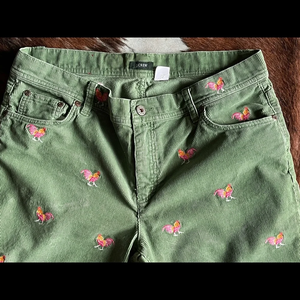 J. Crew Green Corduroy Boot-Cut Pants with Pink & Orange Embroidered Chickens - Picture 3 of 7